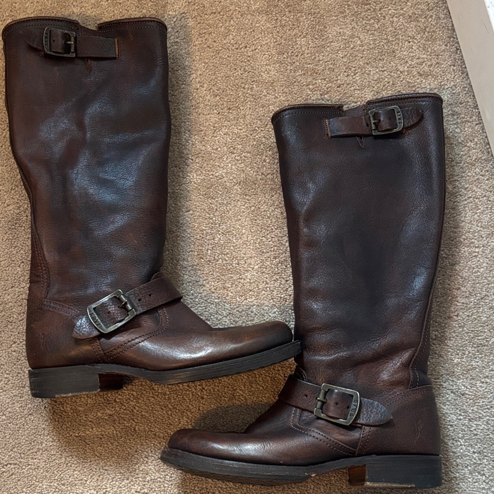 Frye Brown Leather Riding Boots with Buckle Detail